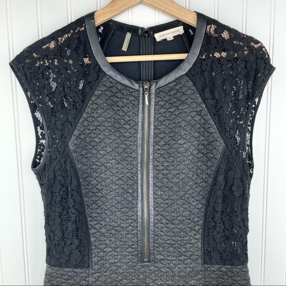 Rebecca Taylor Fit & Flare Quilted Lace Gray Black Dress Size 8 - Picture 3 of 13